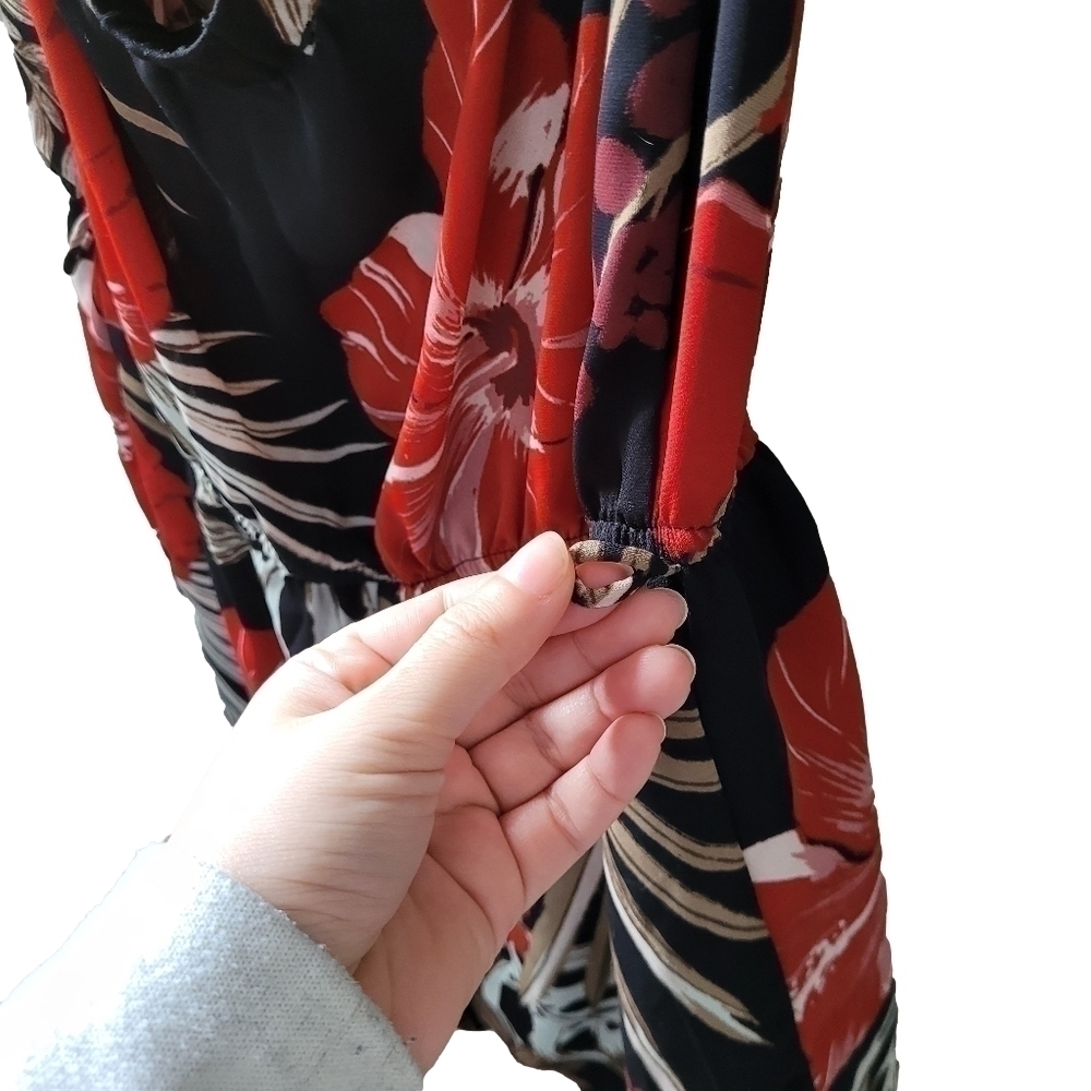 Dynamite | vneck halter romper one piece | small | black red hibiscus dress - Picture 7 of 15